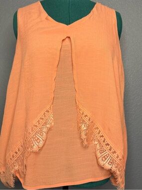Melissa Paige Peach Lace Trim Tank Top Women’s L Sleeveless Boho Blouse